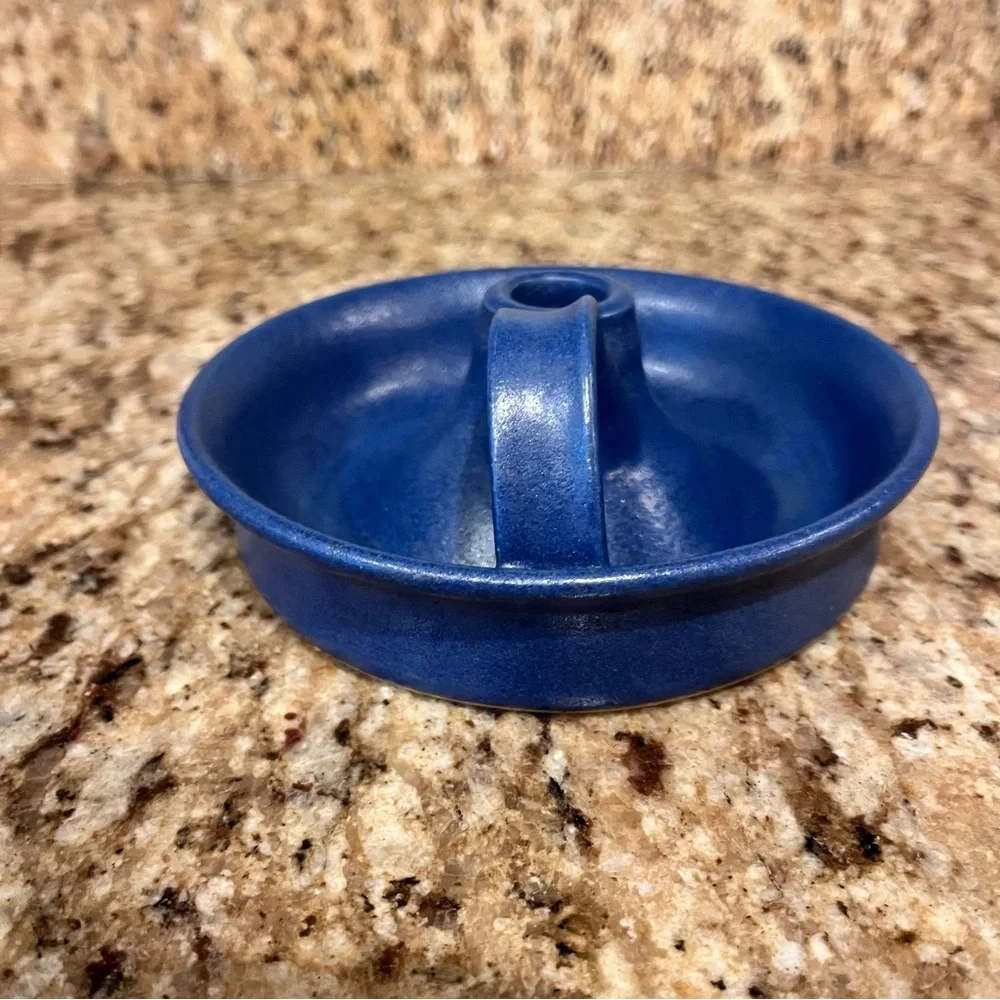 Vintage 90s Blue Pottery Hand Thrown Candlestick Taper Candle Holder Cottagecore